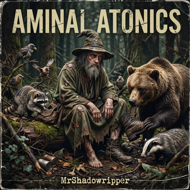 A ragged, barefoot wizard sits on a mossy log in a dark forest while a bear pulls off his boot, a raccoon digs through his bag, a badger noses past and birds perch around him, under the title Aminal Atonics.