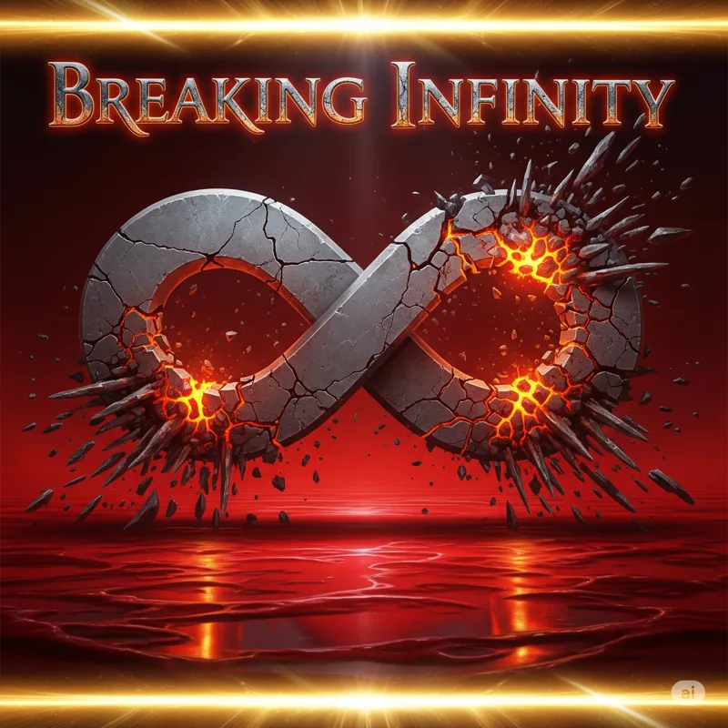 A cracked stone infinity symbol glowing with lava from within, shattering over a red reflective floor, under the title Breaking Infinity.