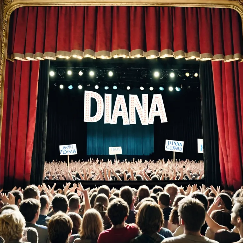 A concert crowd faces a stage lit with the name DIANA between red curtains.