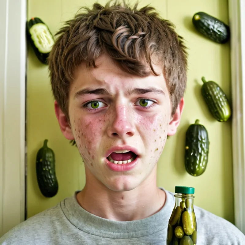 A freckled teenager gapes in front of a green wall with pickles floating around him.