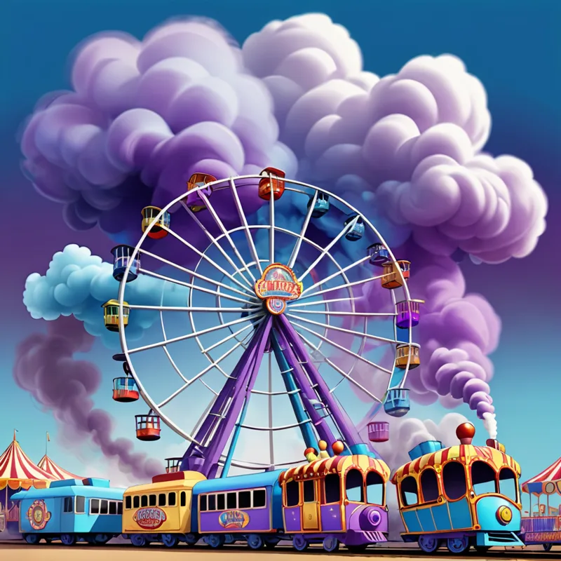 Purple smoke billows over a Ferris wheel and a colourful train at a fairground.