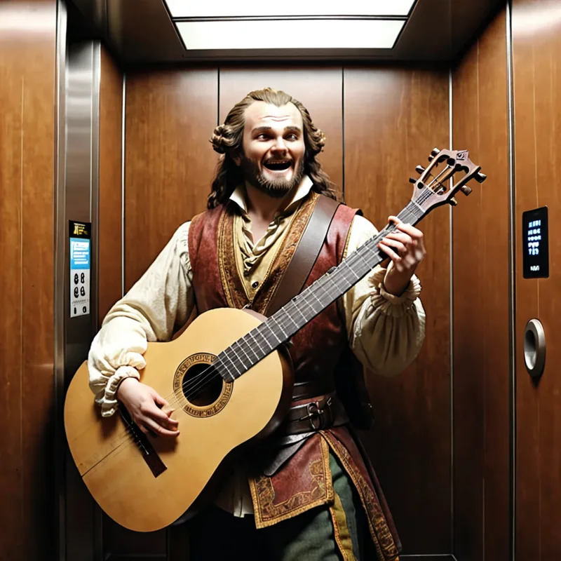 A laughing bearded bard holding a guitar in an elevator.