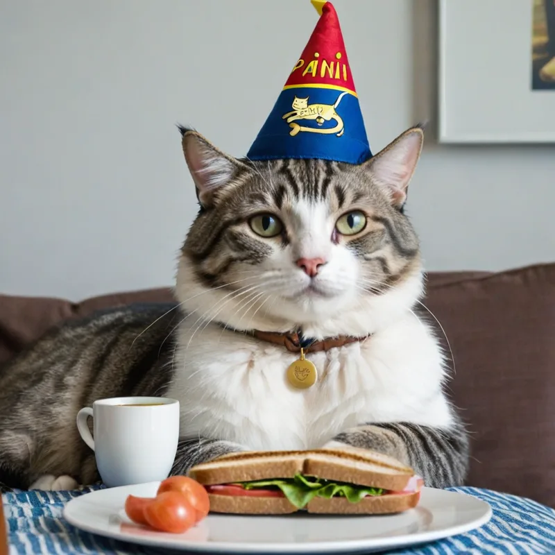 A cat in a party hat sits at a table with a sandwich, a tomato and a mug.