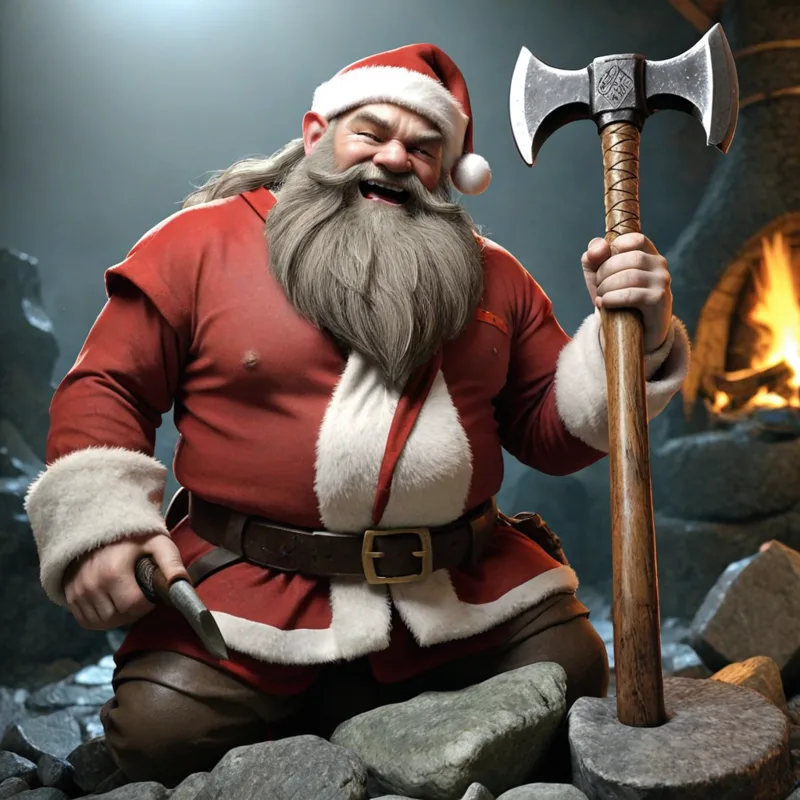 A stout bearded dwarf in a Santa suit holds a battle axe beside a fire in a cave.