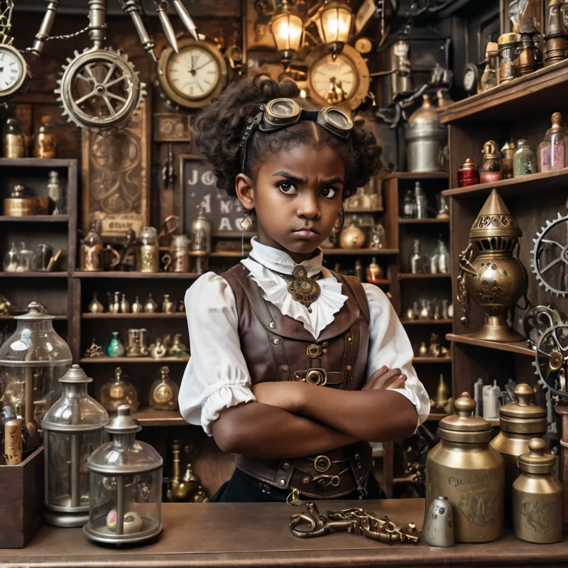 A girl with goggles on her head stands arms-crossed and unimpressed behind the counter of a cluttered clockwork workshop.