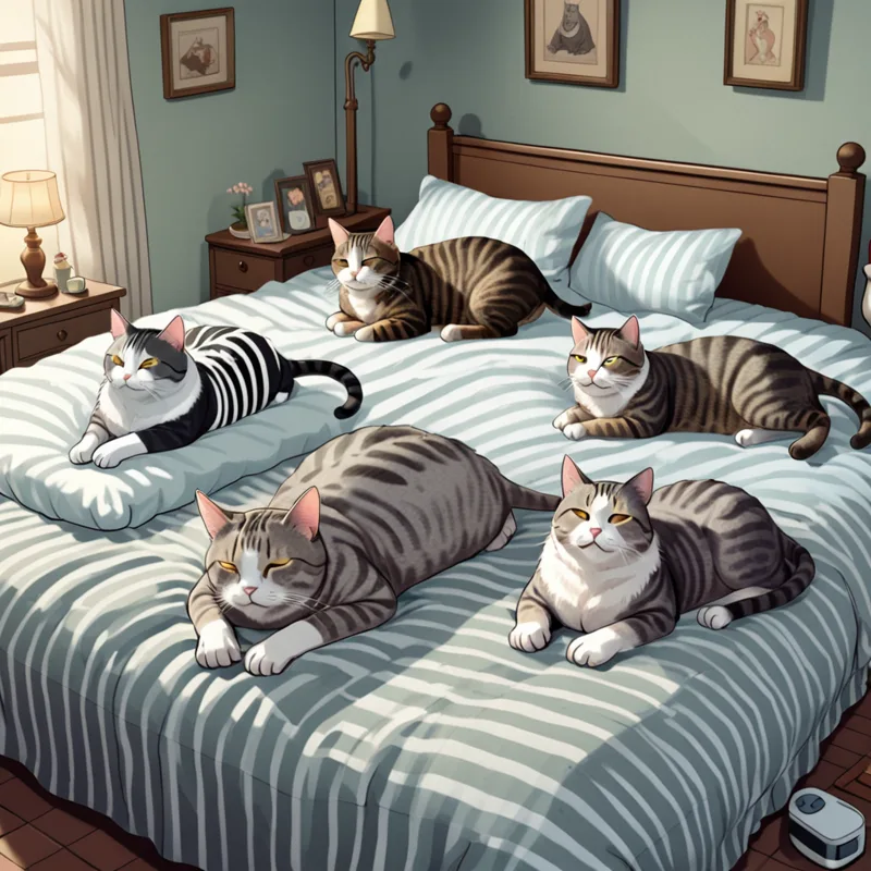 Four cats lounging on a striped bed in a sunny bedroom.