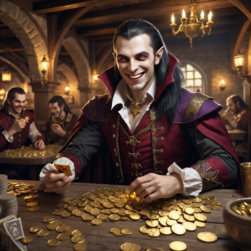 A grinning vampire in a red cloak sits behind heaps of gold coins in a tavern.