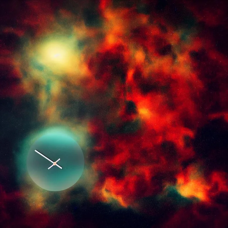 A pale teal clock face with two hands drifts through a red and orange nebula scattered with stars.
