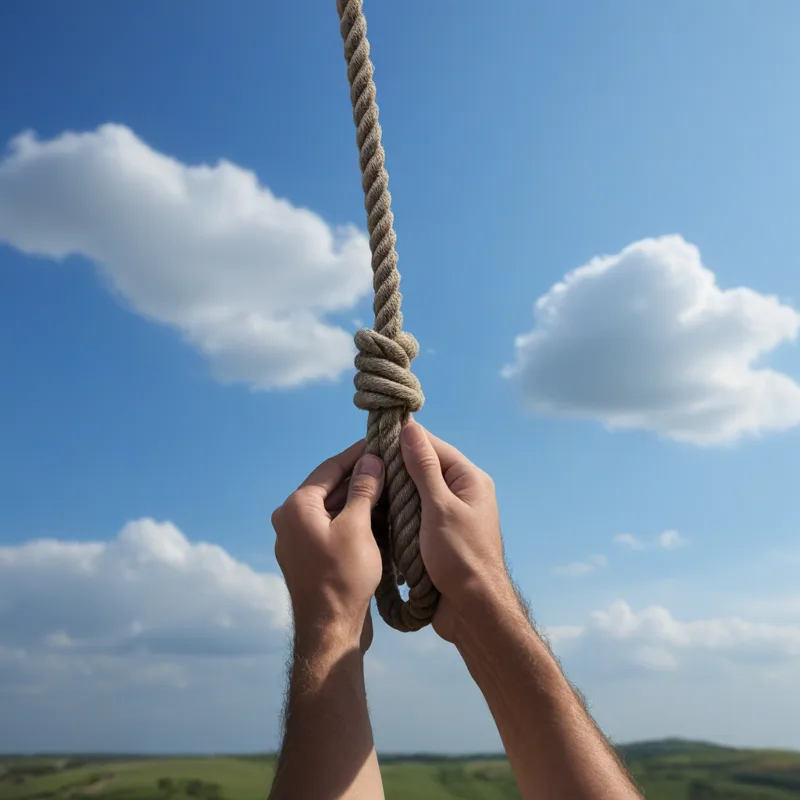 Two hands grip a knotted rope hanging from above against a blue sky with white clouds over green hills.