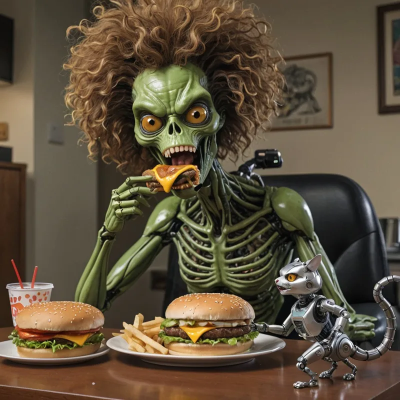 A green skeleton with wild curly hair eats a burger and fries at an office desk, a small robot beside it.