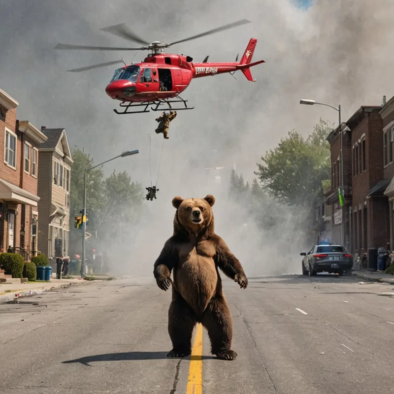 A bear walks down the middle of a town street as a red helicopter hovers overhead.