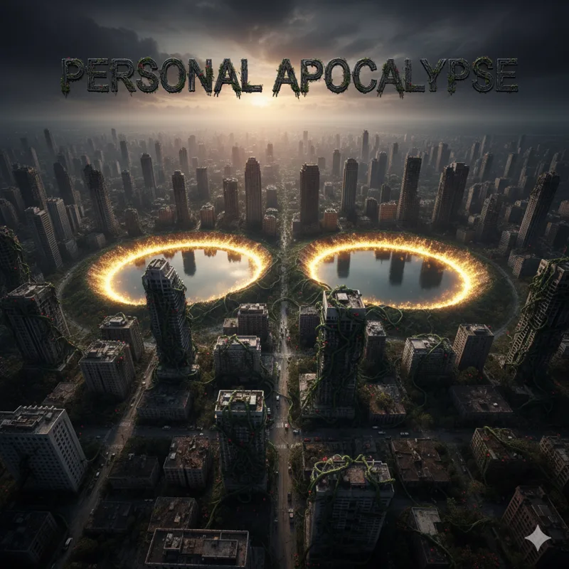 An overgrown, ruined city from above with two flaming rings burned into it, under a dark sky and the title Personal Apocalypse in mossy letters.