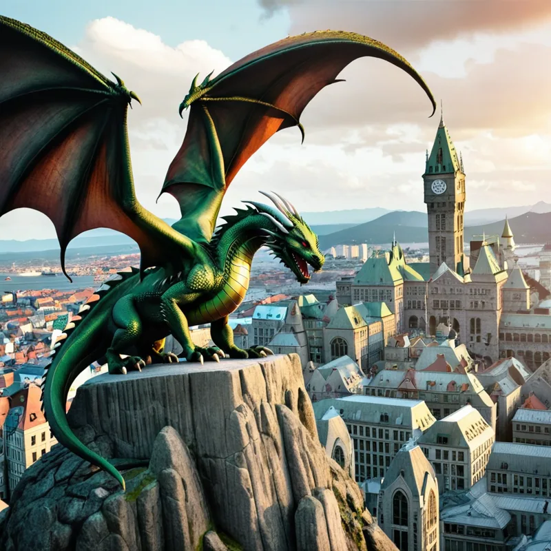 A green dragon perched on a rocky outcrop above a city with a clock tower, wings spread.