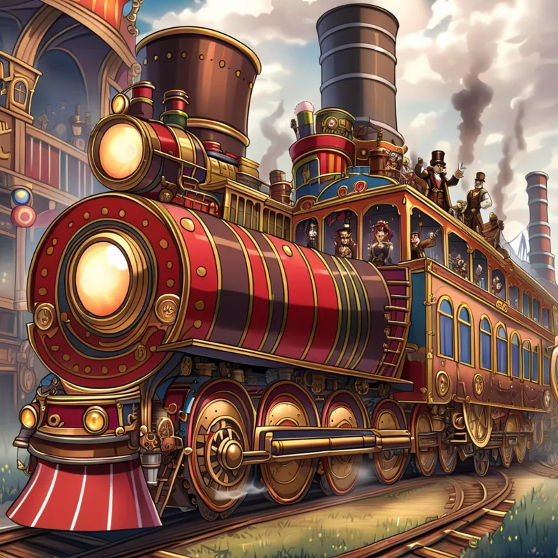 An ornate red-and-gold steam locomotive with tall smokestacks pulls into a city, smoke rising behind it.