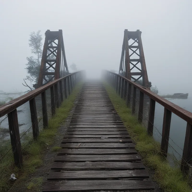 A weathered wooden footbridge with rusted iron towers and grass along its rails, leading into thick fog over still water