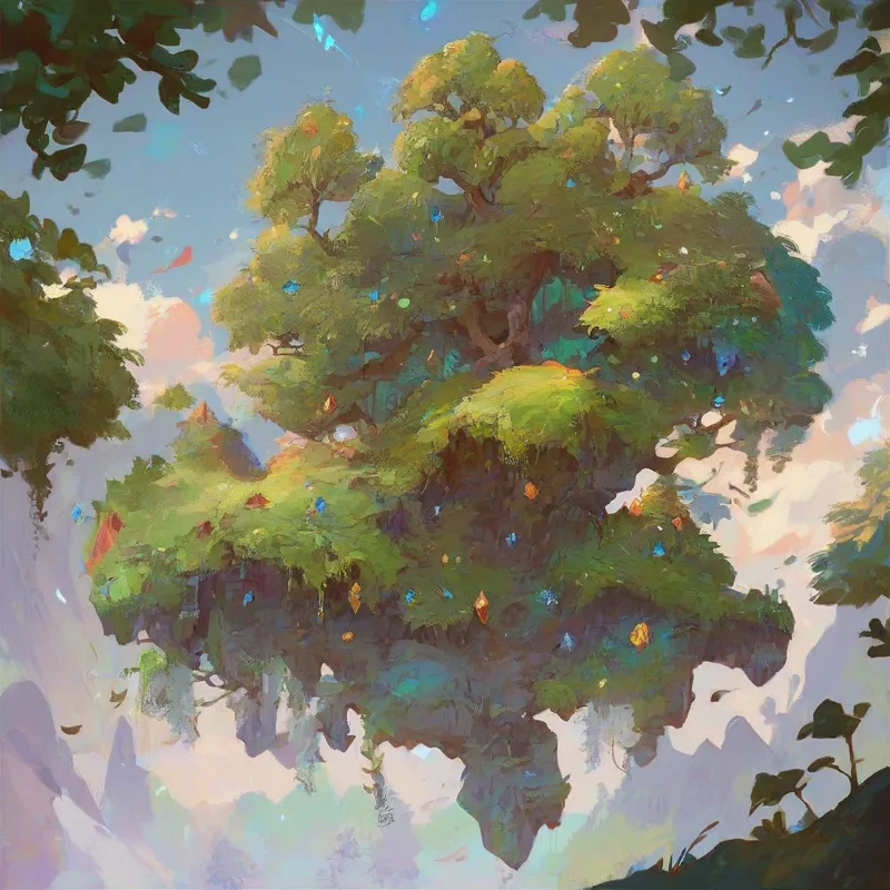 A huge broad-canopied tree growing from a floating island of rock, painted in soft greens and pastels.