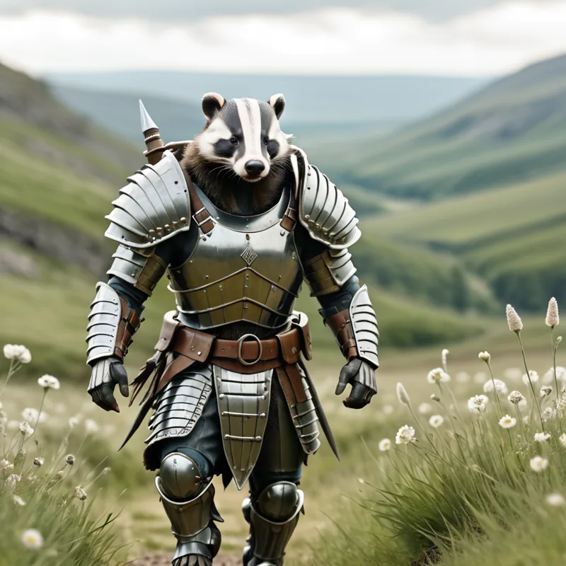 A badger in full plate armour strides through a grassy field.