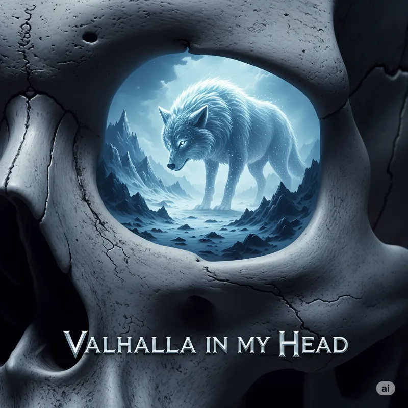 A white wolf on a moonlit mountain seen through the eye socket of a giant grey skull, titled Valhalla in my Head.