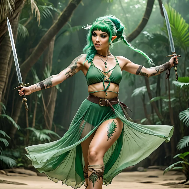 A green-haired elf in a green dress holds two swords in a jungle clearing.