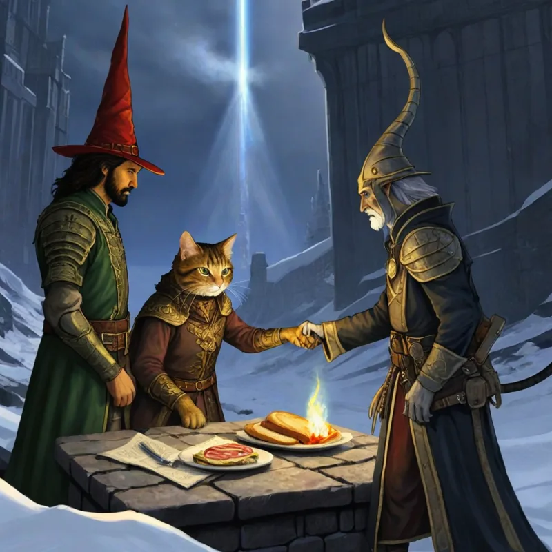 A wizard in a red hat, a cat-folk adventurer and a horned golden figure share a candlelit table in a snowy ruin under a beam of light.